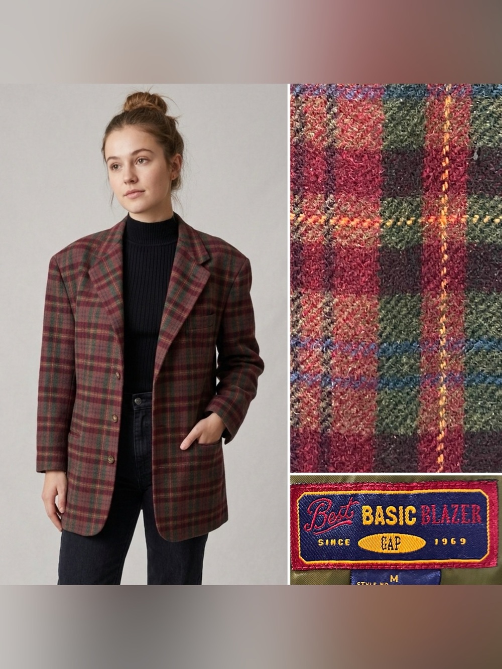 GAP Vintage M Red Green Plaid Wool Tweed Oversized Boyfriend Blazer Jacket L